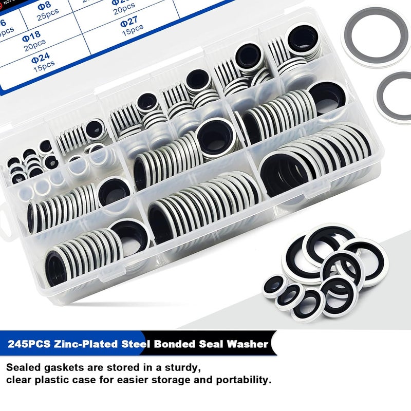 Daptemn 245PCS Bonded Sealing Washers, NBR Metric Zinc-Plated Steel Self-Centred Sealing Rubber Washers, Automotive Seal Gasket Crush O-Ring Assortment Kit Set, Includes Sizes of M6-M30 - Image 3